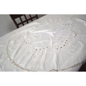 Vintage Tablecloth Cream on Cream Richelieu Embroidered Scalloped Edges